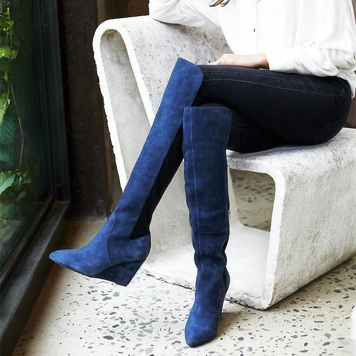 Blue Vegan Suede Boots Wedge Heel Knee High Boots |FSJ Shoes
