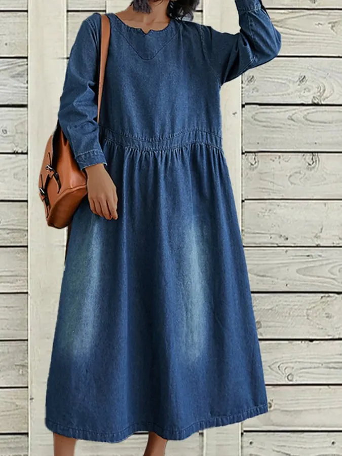 Loose Vintage Long Sleeve Denim Maxi Dress With Pockets