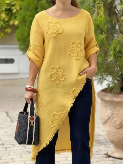 Floral Embroidered Loose-fitting Cotton Shirt Blouse