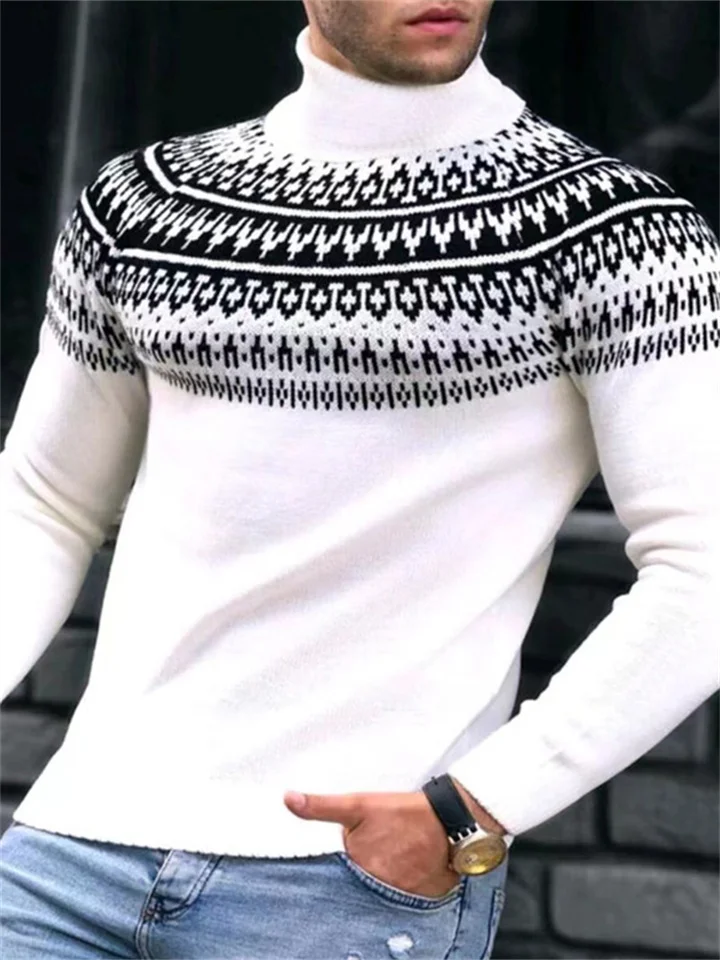 Vintage jacquard Turtleneck Men's Knitted Crewneck Pullover Sweater-Cosfine
