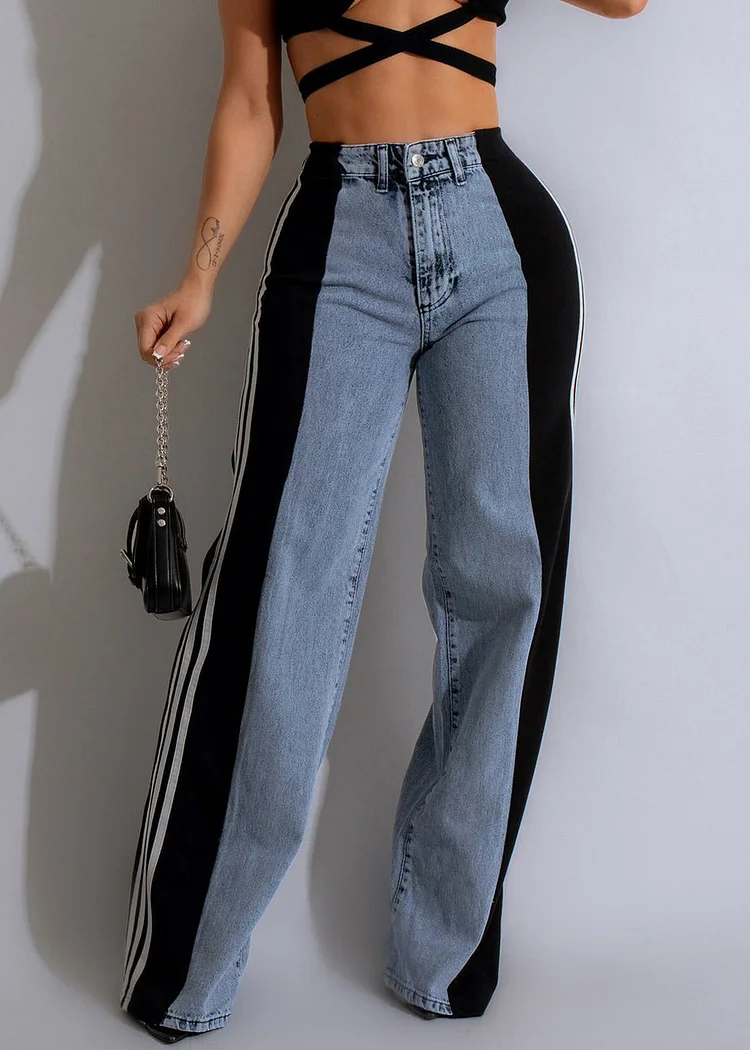 Stylish Black Striped Patchwork Denim Pants Spring