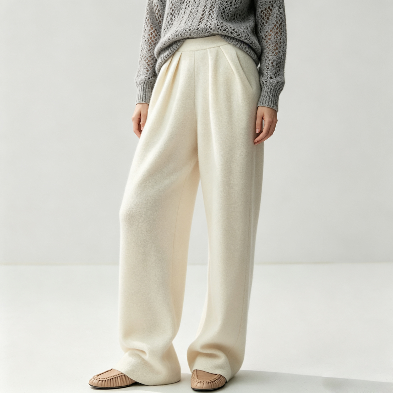 Cashmere Wool Blend Knit Pants Center Seam Wide Leg Quiet Luxury Daily Style REAL SILK LIFE