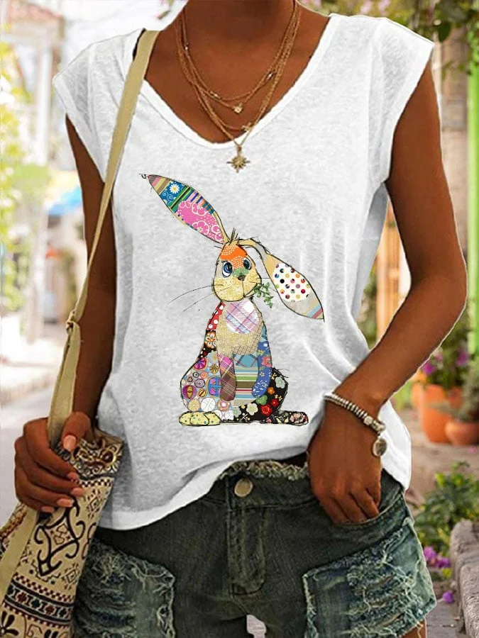 Women's Easter Bunny Print Sleeveless T-Shirt socialshop
