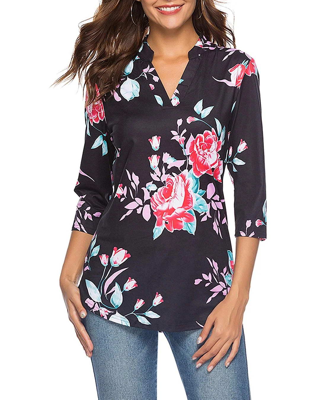 Women's 3/4 Sleeve Floral V Neck Tops Casual Tunic Blouse Loose Shirt
