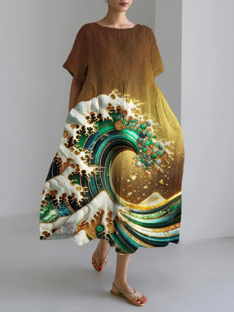 Comstylish Golden Wave Japanese Linen Blend Maxi Dress