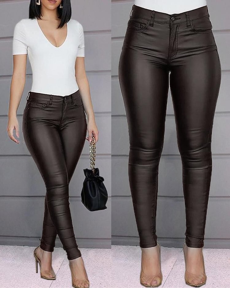 Solid Buttoned Casual Coated PU Pants