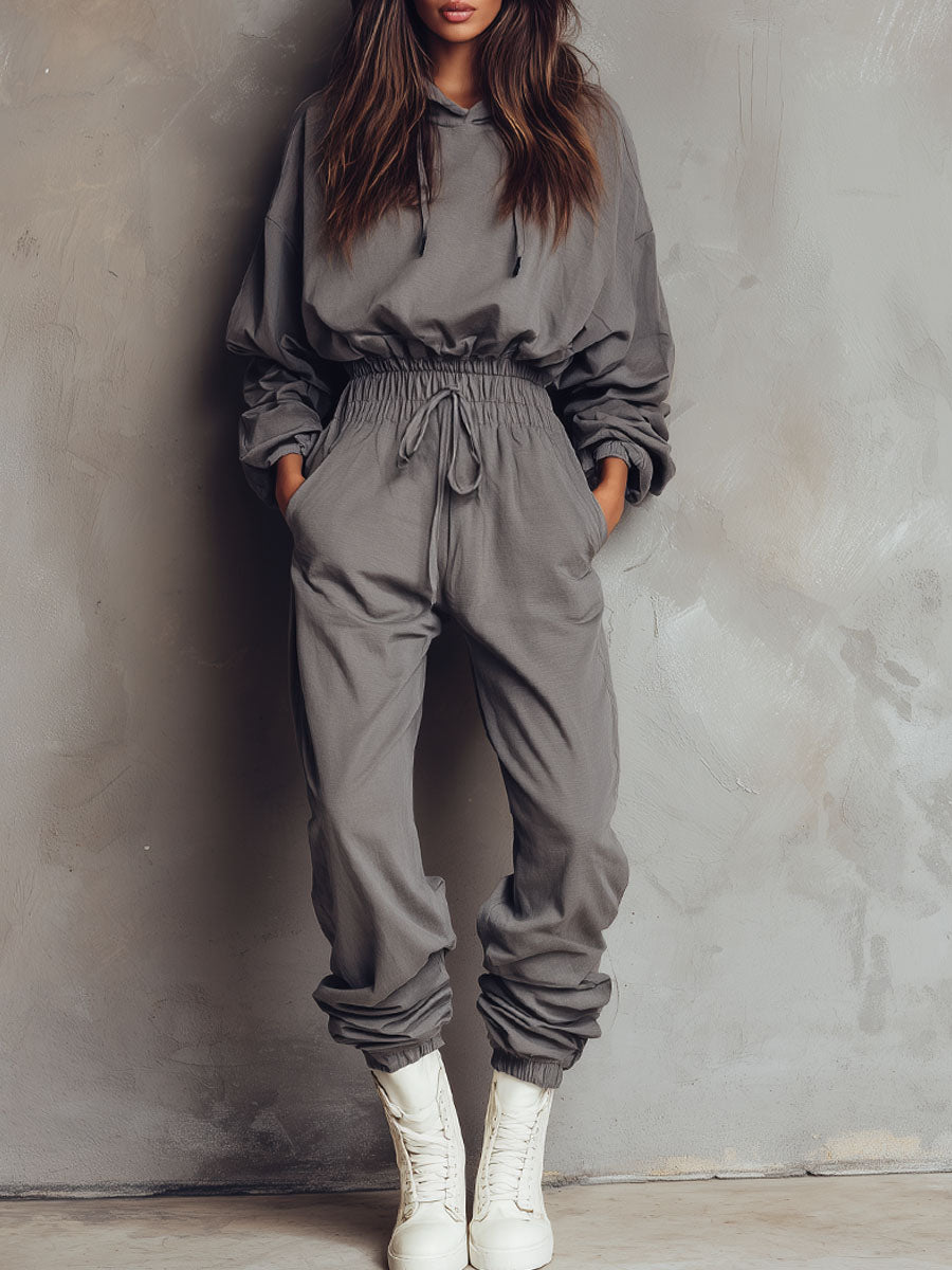 Loose Grey Hooded Long-sleeved Elastic Waist Sports Jumpsuit mysite idetrend
