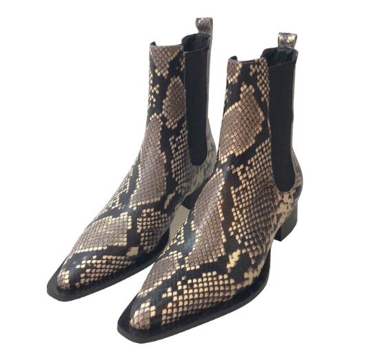VCSHOES Hot Girls Cheap Python Snake Skin Pointed Toe Pu 3 Cm Square Heels Short Ankle Boots Lady