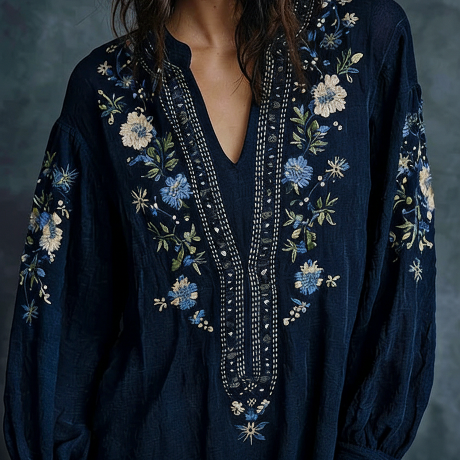 Cotton Blend Embroidered V-Neck Long Sleeve Shirt For Women Boho Style Loose Fit Top With Lace Detailing - Helixace