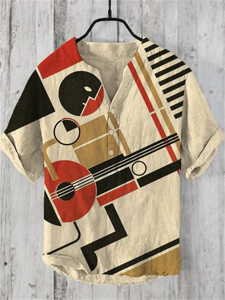 Men's Guitar Music Color Block Geometric Art Print Half Button Linen Blend Shirt