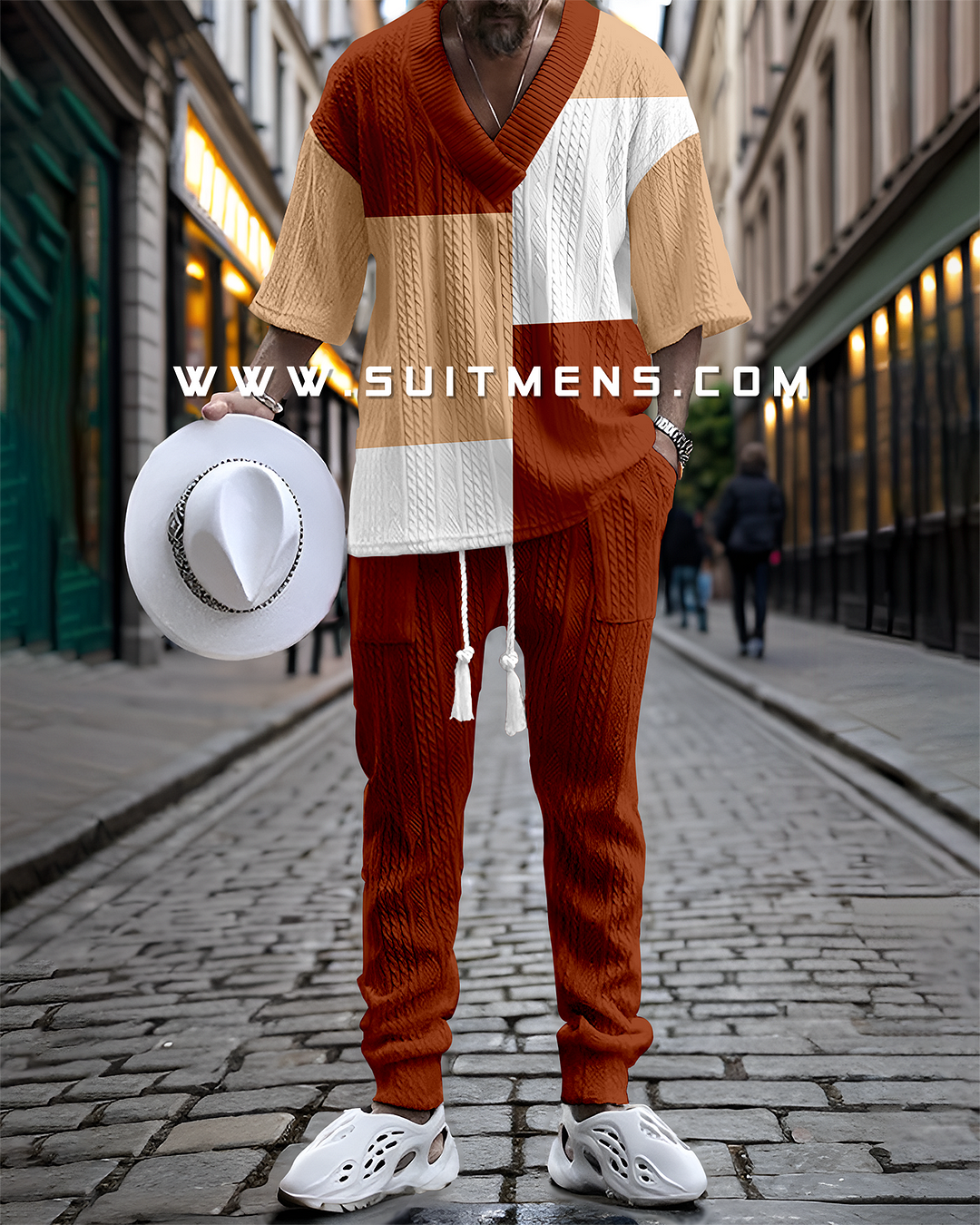 Men's V-Neck Luxury Color Block Textured Print Pants Set 006