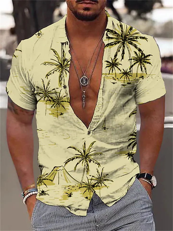 Men's Shirt Summer Hawaiian Shirt Graphic Shirt Aloha Shirt Coconut Tree Turndown Light Yellow Green Blue Purple Yellow Print Outdoor Street Short Sleeve Button-Down Print Clothing Apparel Fashion-Cosfine