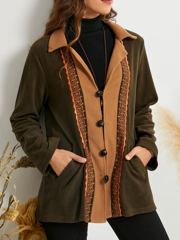 Contrast Color Pocket Button Long Sleeve Lapel Jacket