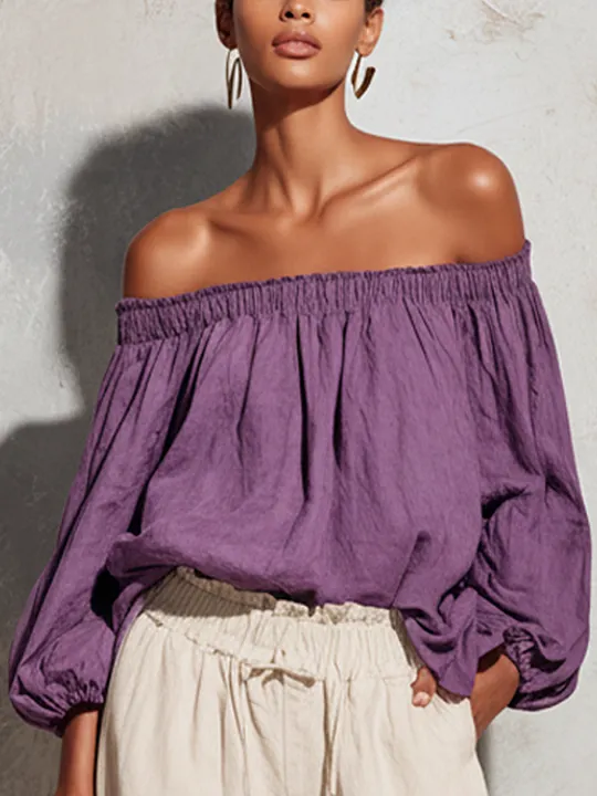 Women's Casual Style Purple Cotton And Linen Off-shoulder Long Lantern Sleeve Top MD