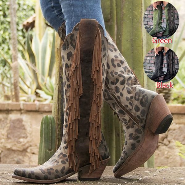 New Arrival 80's Womens Knee High Leather Boots Vintage Tassel Leopard Printed Cowgirl Boots Western Country Riding Boots Tall Boots Autumn Winter Warm Pointed Toe Cowboy Boots Fashion Ladies Chunky Heel Ankle Boots Shoes - Shop Trendy Women's Clothing | LoverChic