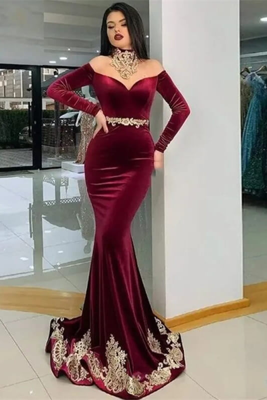 Dresseswow Burgundy Sweetheart Long Sleeves Mermaid Evening Gowns With Appliques