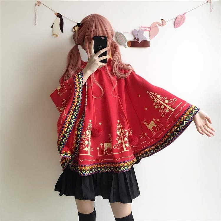 Red/Navy Christmas Reindeer Hoodie Poncho SP1711431