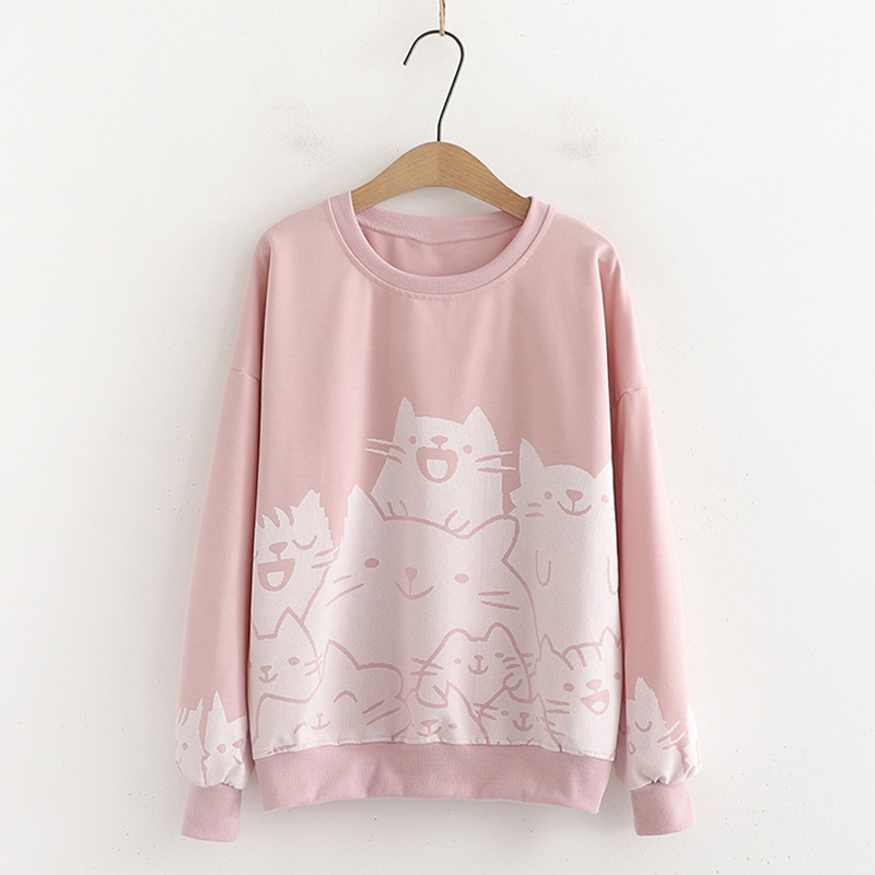 Lovely Kitty Print Round Collar Loose Sweatshirt