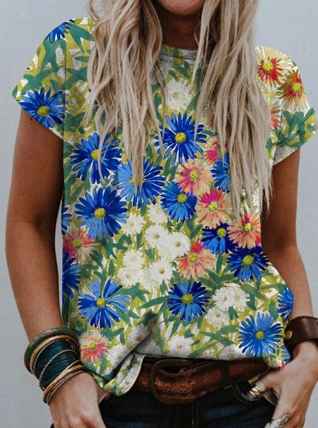 Bestdealfriday Colorful Flowers Graphic Short Sleeve Round Neck Loose Tee