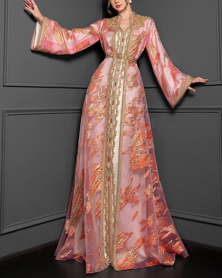 Women's V-neck long-sleeved mesh embroidered dress 