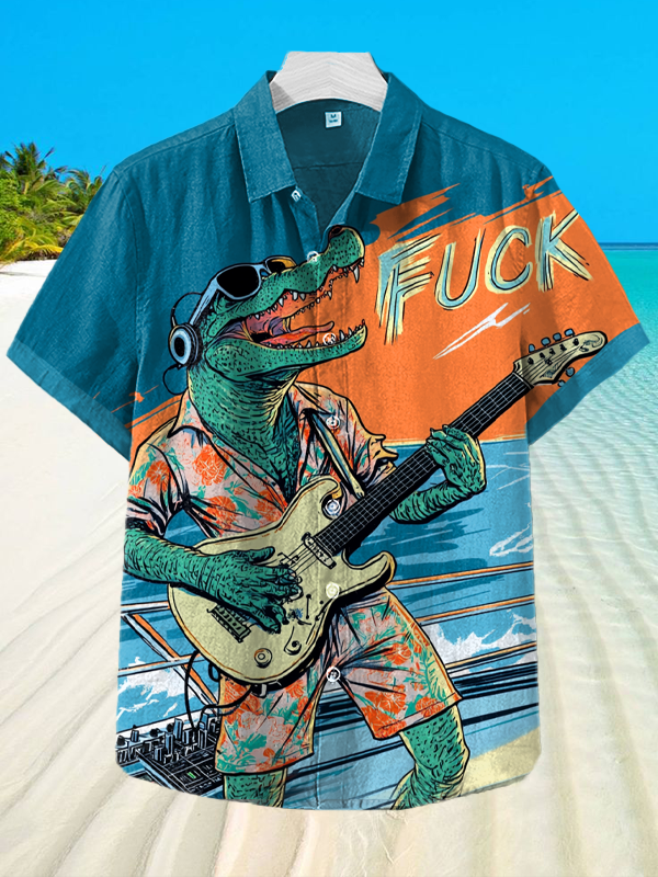 Men's Mr. Crocodile Playing Guitar Art Print Short Sleeve Shirt