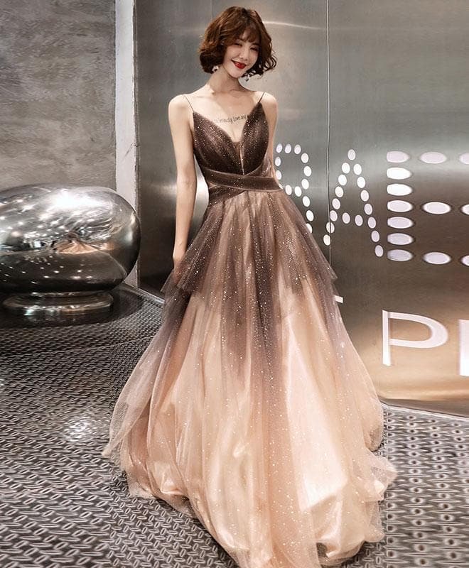 Unique V Neck Tulle Long Prom Dress, Tulle Long Evening Dress