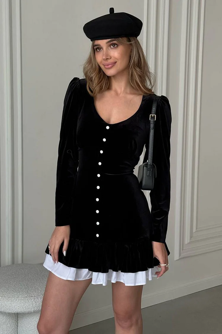 Long Sleeve U Neck Button Up Layered Trim A-Line Velvet Mini Dresses-Black