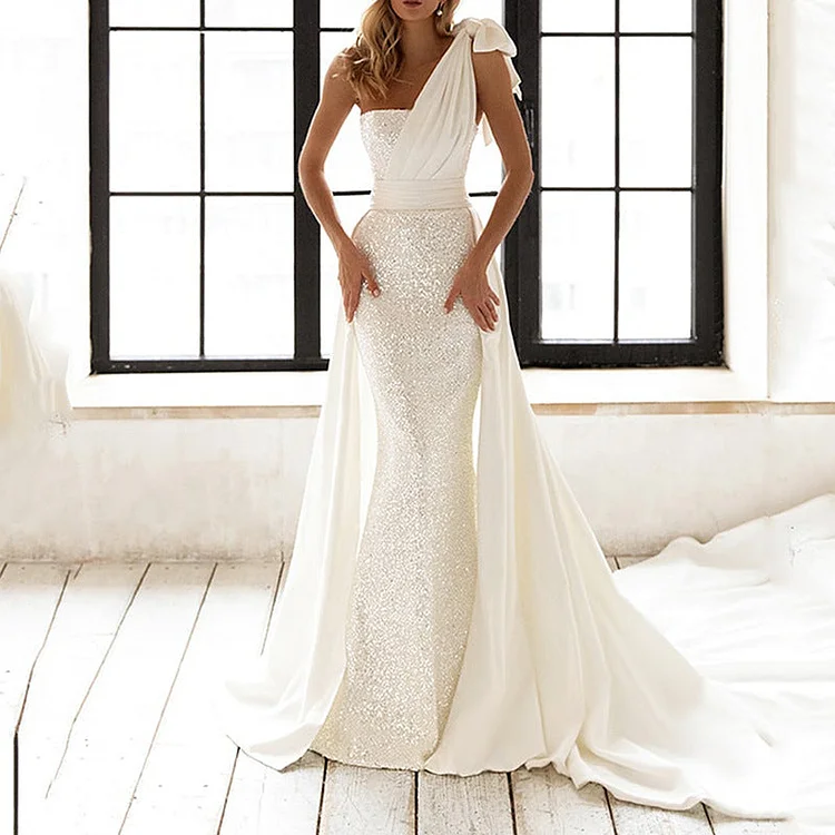 One Shoulder Column Bowknot Floor-Length Garden Wedding Dress