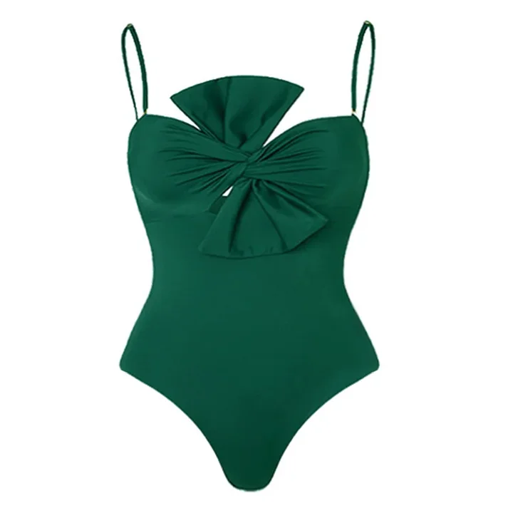 Plus Size Bow Front Green One Piece Swimsuit and Sarong