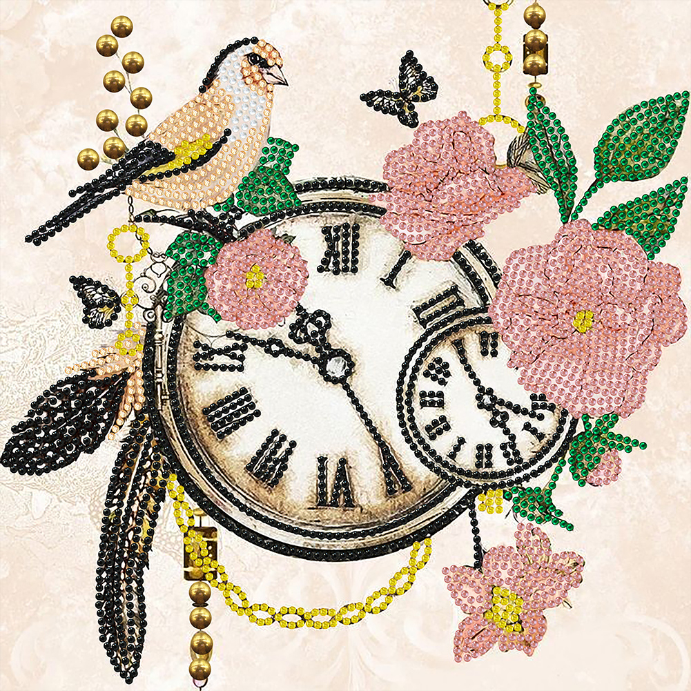 Flower And Bird Clock 30*30CM (Canvas) Special Shape Drill Diamond Painting