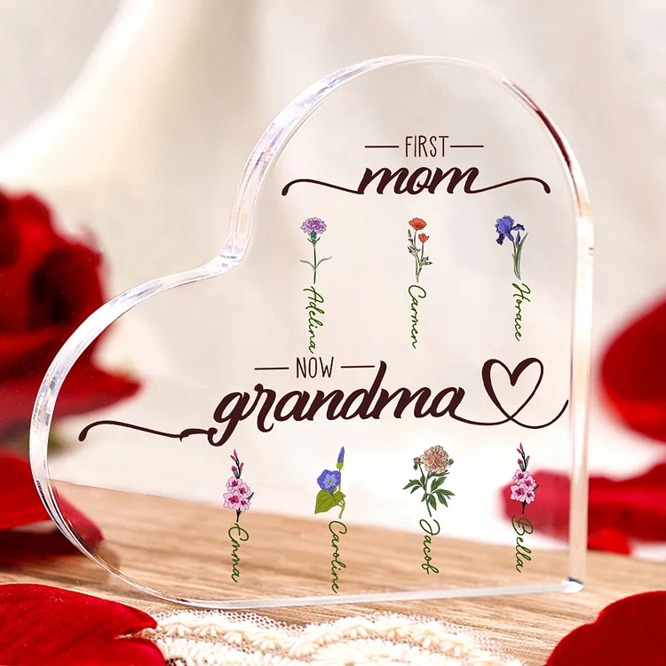Personalized Acrylic Heart Keepsake Custom 2–10 Names & Birth Flowers Ornament Mother's Day Gift - First Mom, Now Grandma