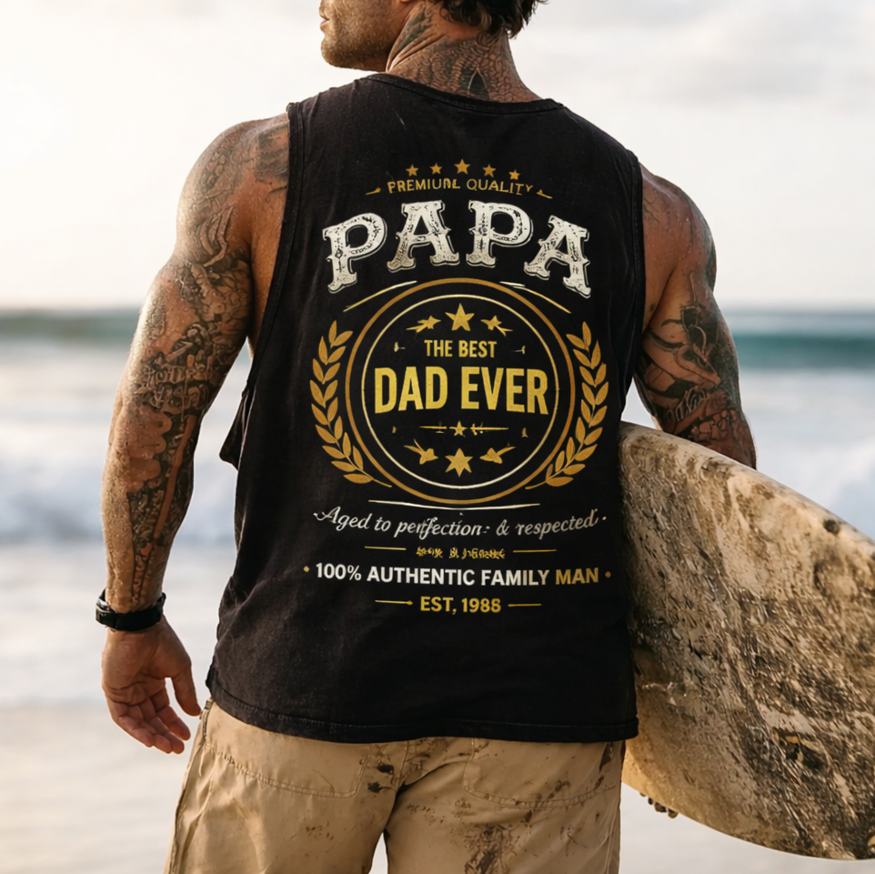 thesupersurf Cotton Papa The Best Dad Ever Sleeveless Tank Top Premium Quality Graphic Vest for Men