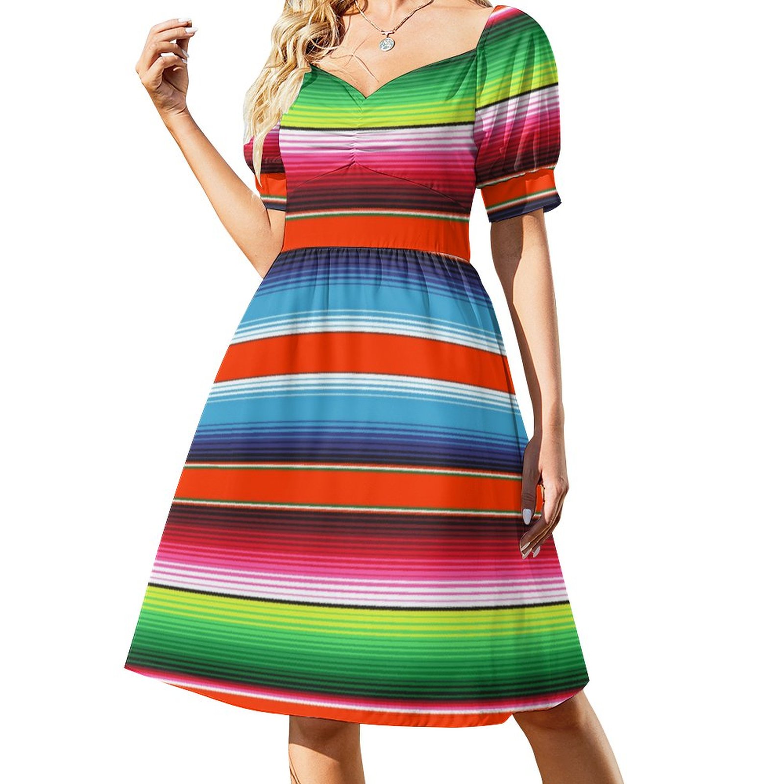 SFNEEWHO Traditional Spanish Serape Fiesta Mexican Blanket Dress Women Boho  High Waist Flared Puff Sleeve Cute Sweetheart Midi Dress