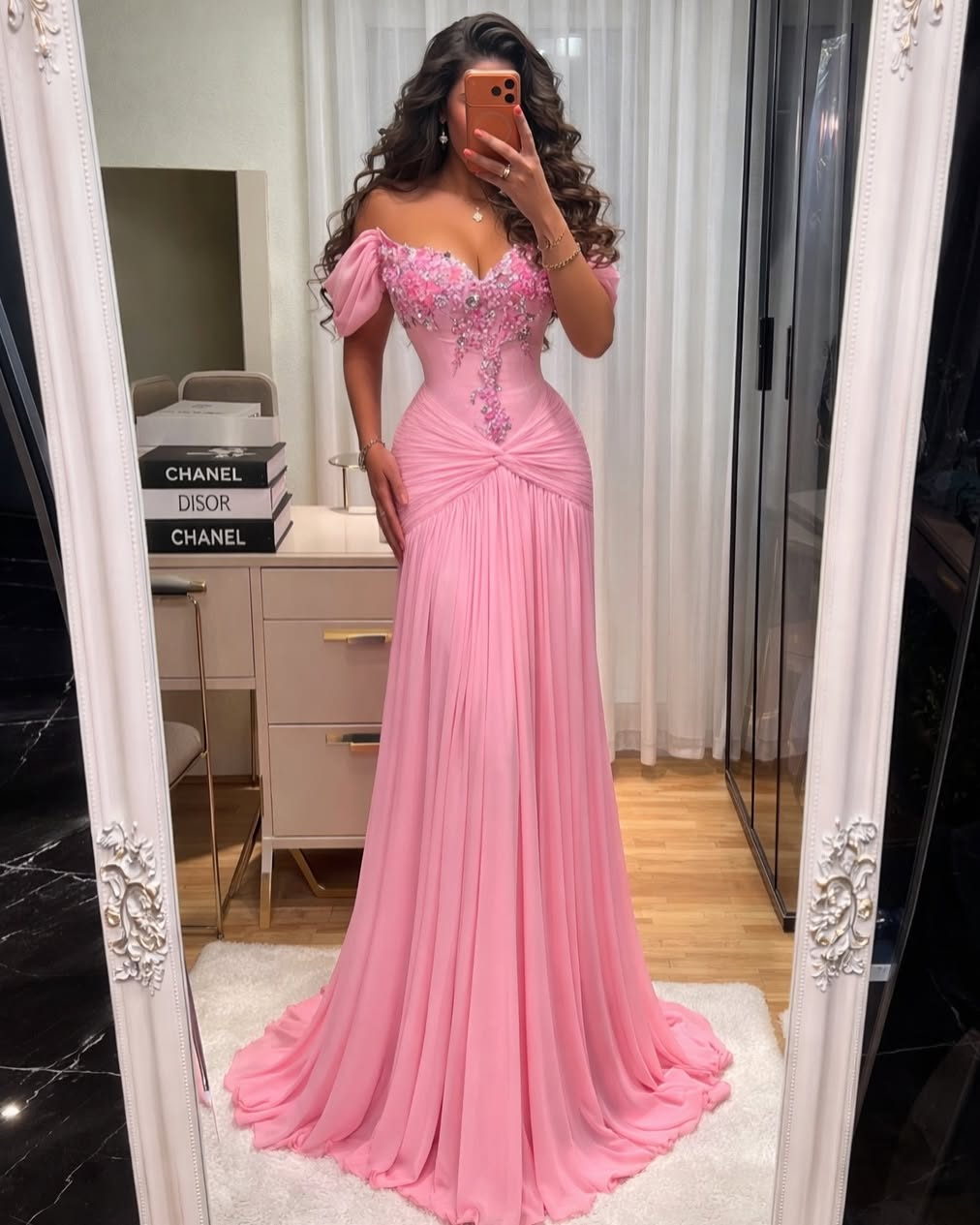 Lussooy Charming Candy Pink Off the Shoulder Sleeveless Prom Dress with Applique