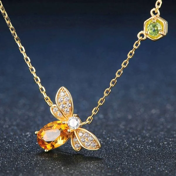 Natural Citrine Gemstone Bee 14k Yellow Gold Plated 925 Sterling Silver Pendant Necklace For Women