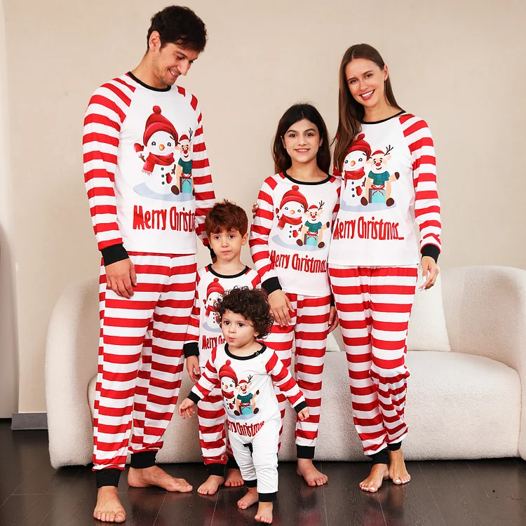 Christmas Snowman & Moose Cartoon Print Stripes Family Matching Pajamas Set