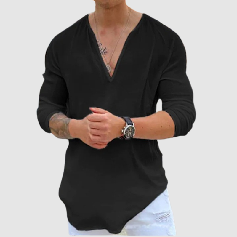 Men's new fashion V-neck casual solid color pure cotton T-shirt shirt
