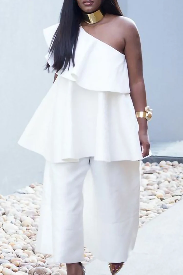 Tiered Ruffled One Shoulder Sleeveless Loose Fit Top Wide Leg Pants Two-Piece Set