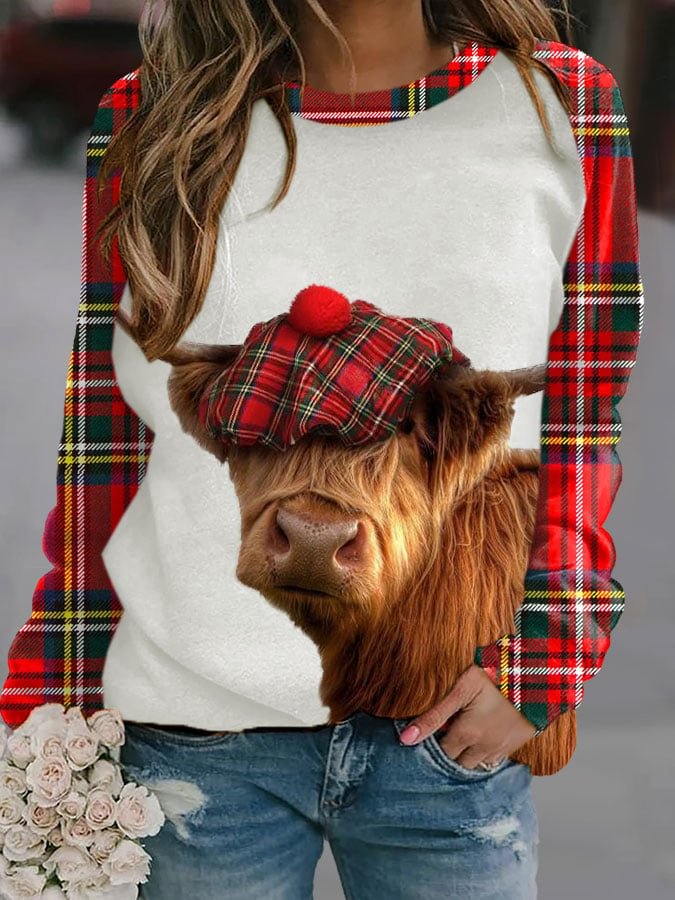 Casual Highland Cow Print Long Sleeve Sweatshirt socialshop