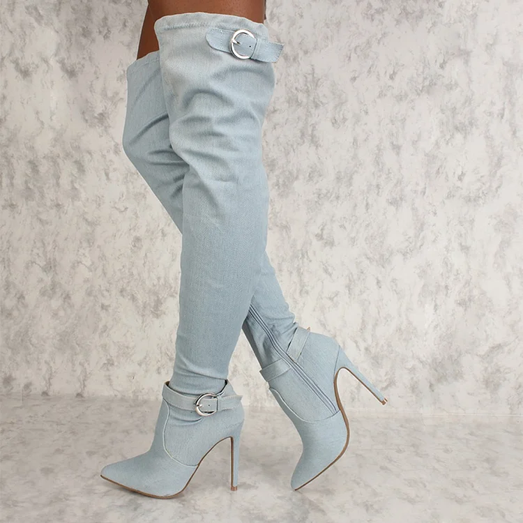 Light Blue Denim Boots Stiletto Heel Over the Knee Boots |FSJ Shoes