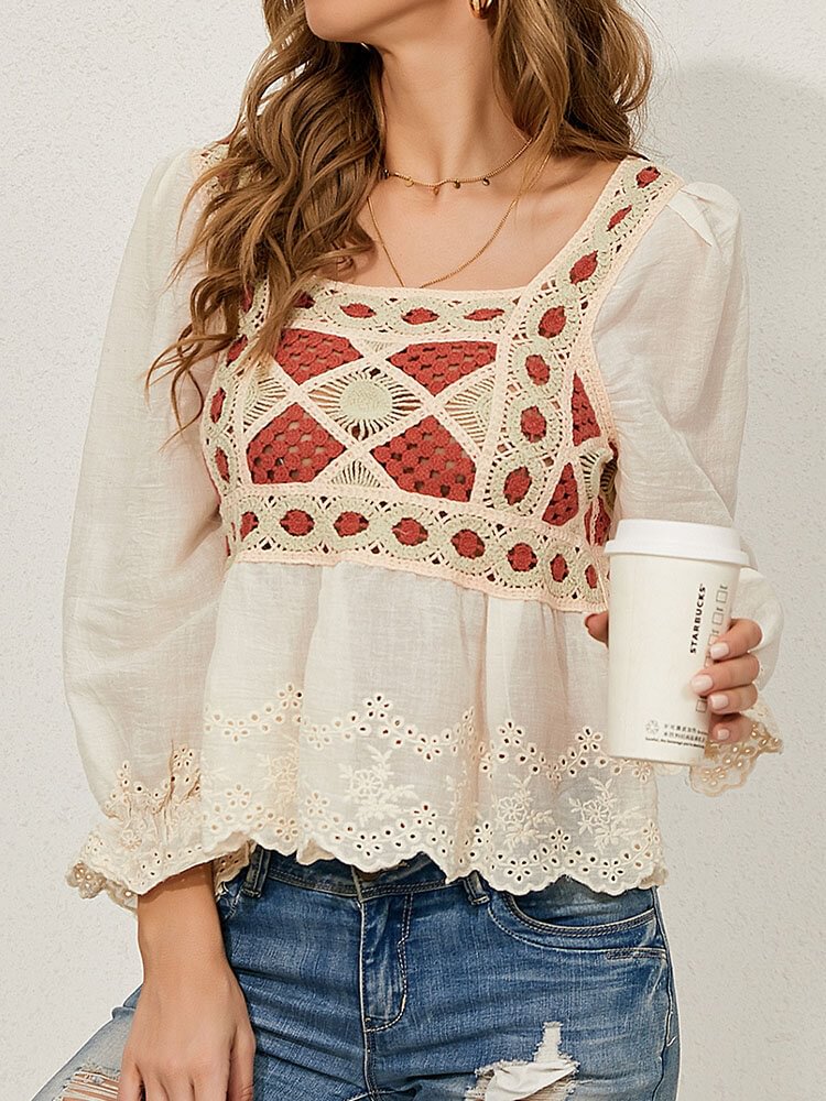 Women Crochet Lace Square Collar Backless Lantern Long Sleeve Blouse P1845062