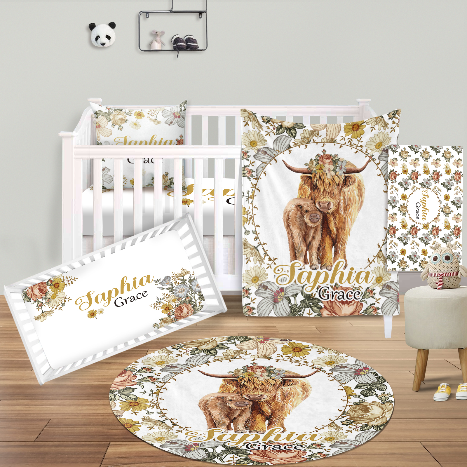 Personalized Bohemian Highland Cow Crib Bedding SetSet123