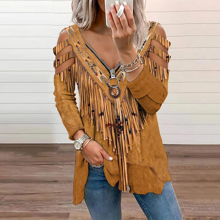 Comstylish Western Tassels Printed Hollow Out Zip Up T-Shirt