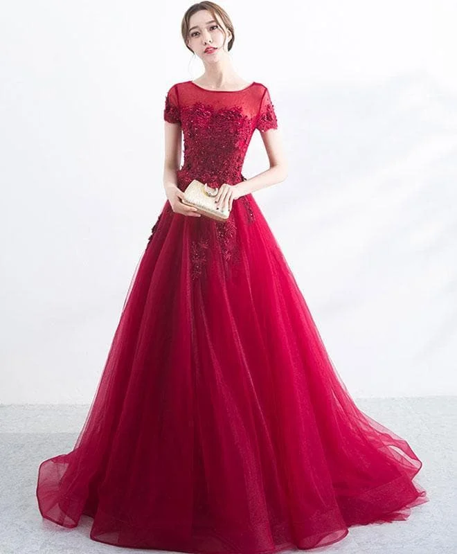 Burgundy Lace Tulle Long Prom Dress, Lace Evening Dress
