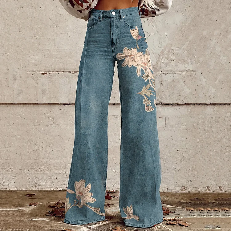 Comstylish Vintage Floral Art Casual Wide Leg Jeans
