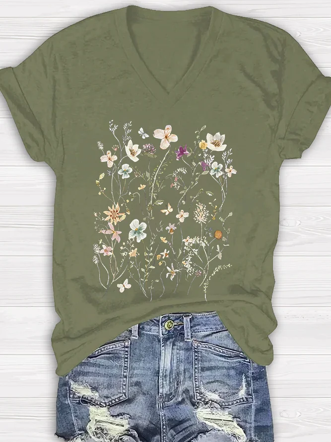 Floral Plant V Neck Print Women's T-shirt