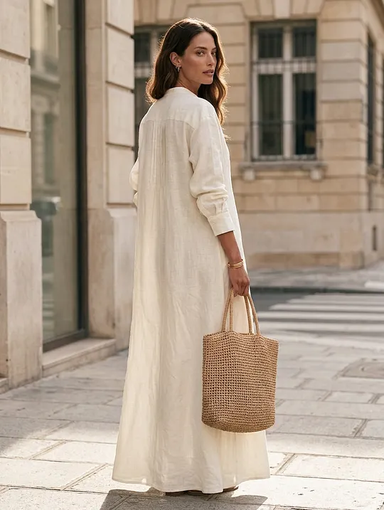 Women's Casual White Cotton-linen Long-sleeved Maxi Dress MD