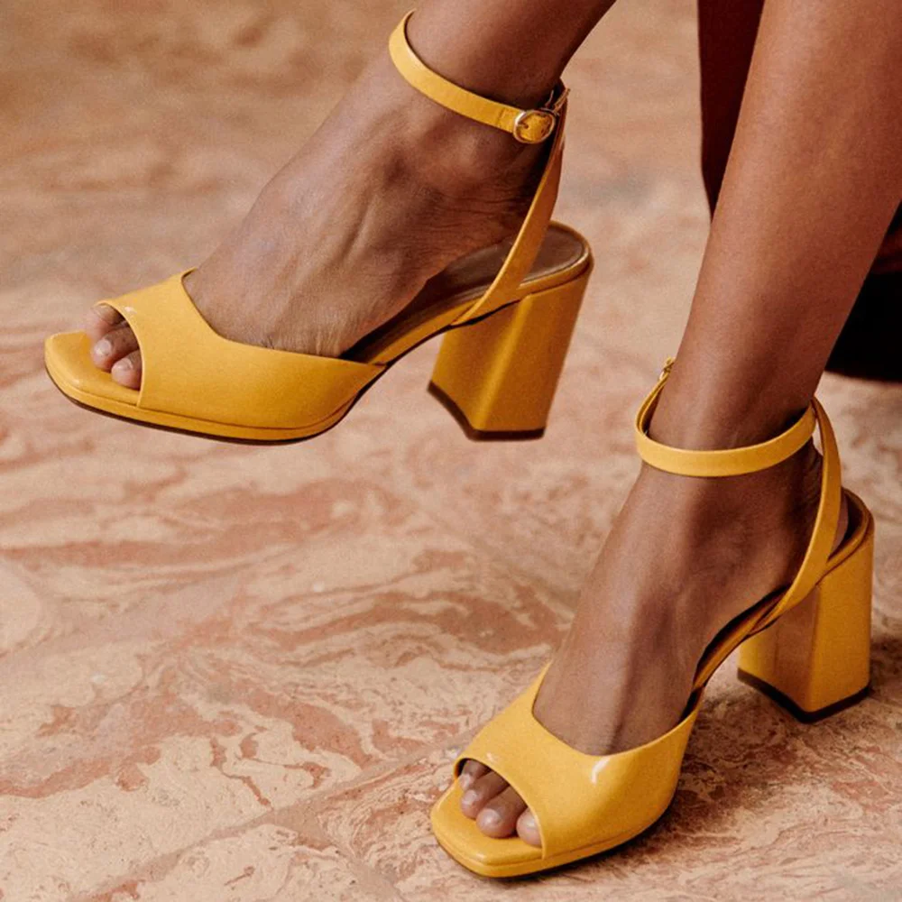 Yellow  Opened Square Toe Strappy Sandals With Chunky Heels Nicepairs