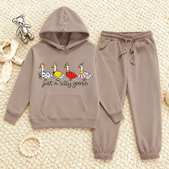 【2Y-13Y】Duck Print Hoodie And Jogger Set For Kids - "Just A Silly Goose" Design