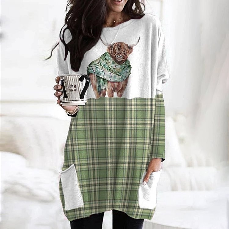 VChics Western Highland Cow Check Print Long Sleeve Tunic